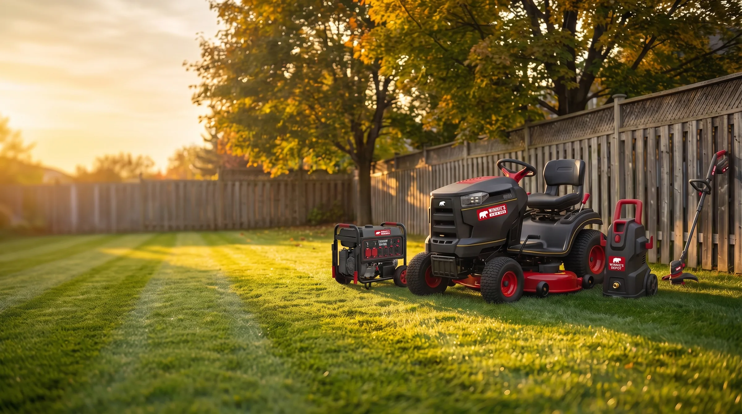 A Winnie's Depot riding mower, generator, pressure washer and cordless trimmer on a freshly striped backyard lawn at sunset
