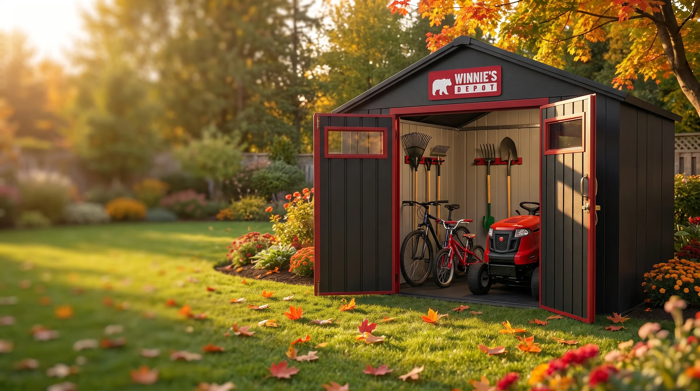 A Winnie's Depot storage shed with its doors open, a riding mower, bikes and yard tools inside, on a lawn scattered with fall leaves