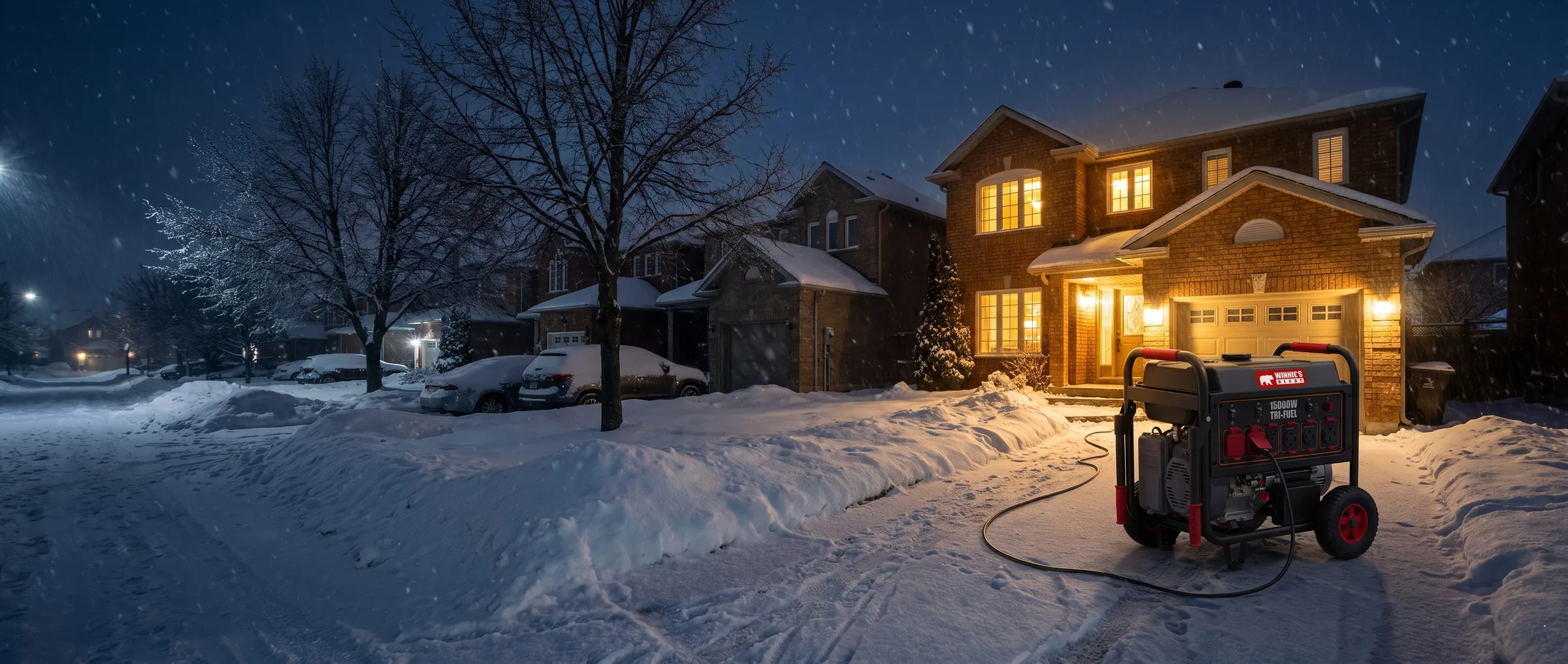 A Winnie's Depot tri-fuel generator running in a snowy driveway at night, keeping a brick house lit