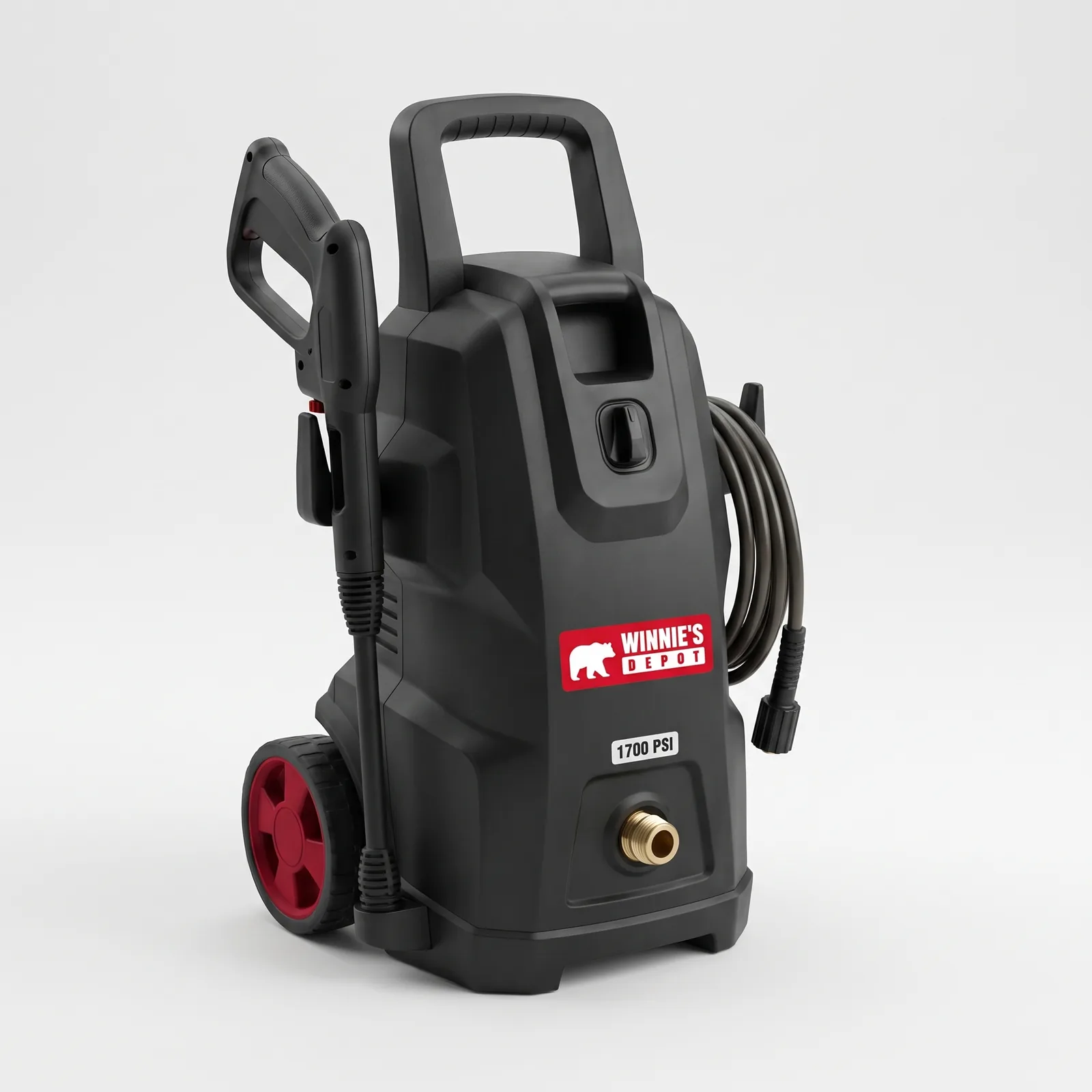 Niagara 1700 Compact Pressure Washer in matte black with red wheels, a coiled hose on the side and a 1700 PSI label